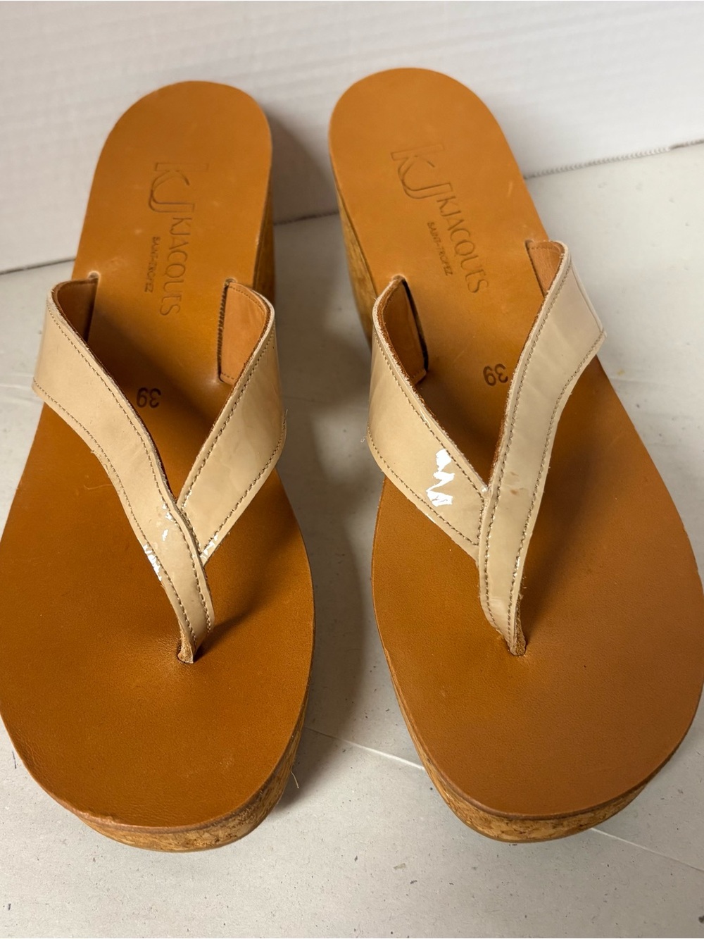 K.Jacques Beige Patent Leather Cork Wedge Thong Sandals